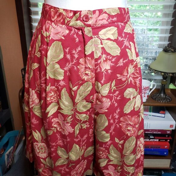 Vintage Napa Valley Red Pink Floral Pleated High Waist Shorts Set Sleeveless L M - Picture 6 of 11